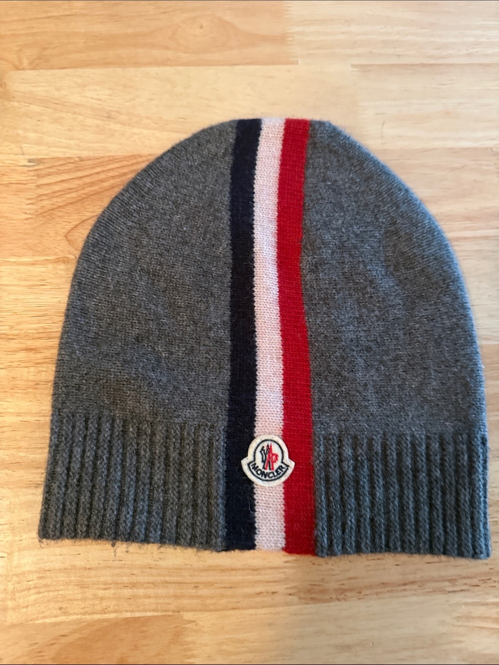 Moncler Gray Beanie with Navy, White and Red Stripe